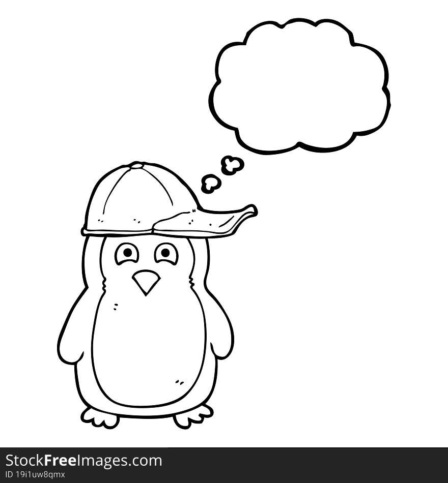 thought bubble cartoon penguin wearing hat