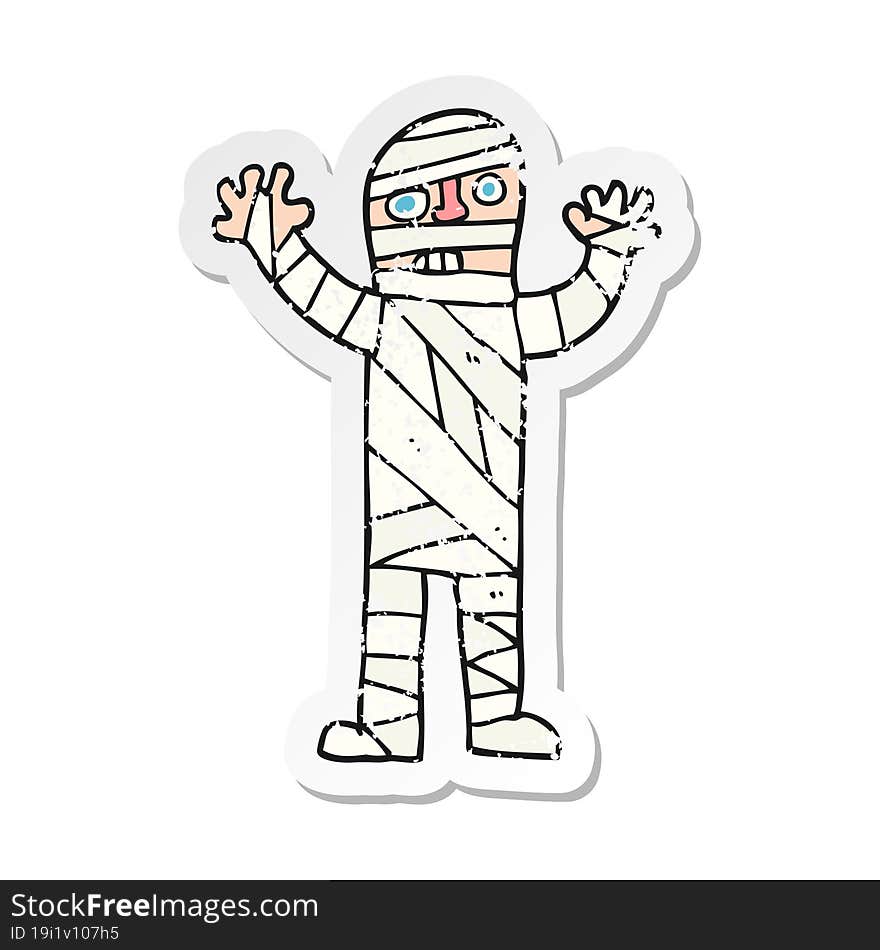 retro distressed sticker of a cartoon bandaged mummy