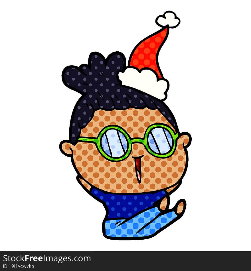 hand drawn comic book style illustration of a woman wearing spectacles wearing santa hat