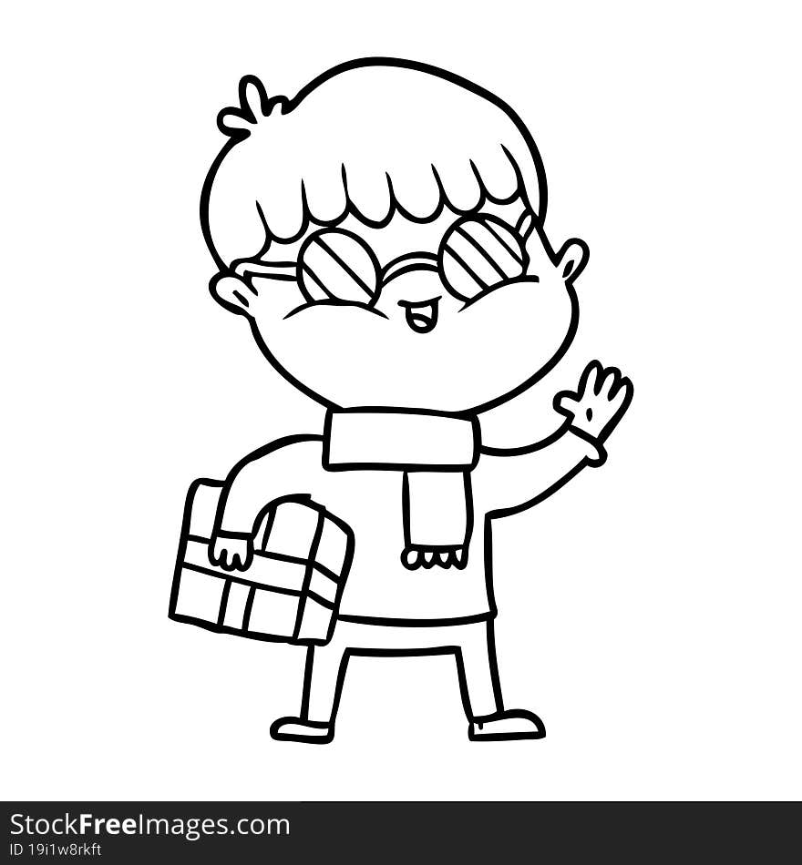 cartoon boy wearing spectacles carrying gift. cartoon boy wearing spectacles carrying gift