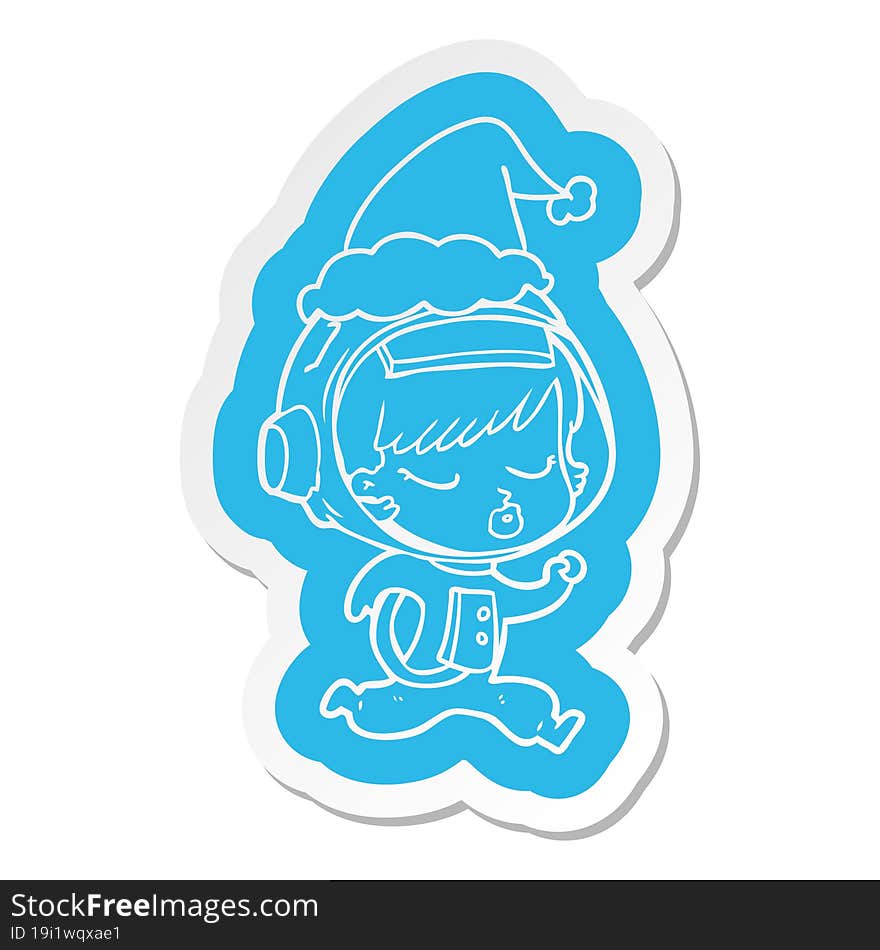 cartoon  sticker of a pretty astronaut girl running wearing santa hat