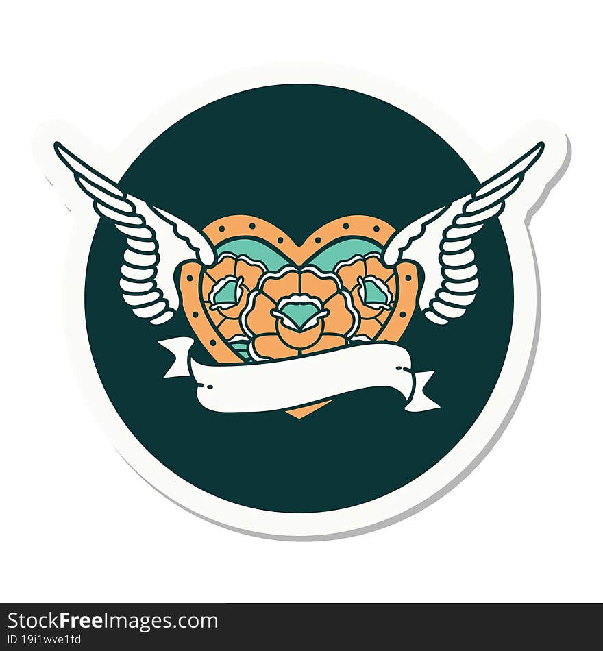 Tattoo Style Sticker Of A Flying Heart With Flowers And Banner