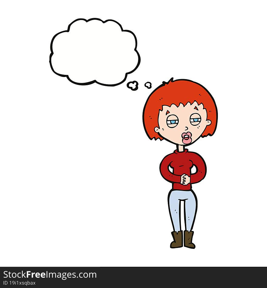 cartoon tired woman with thought bubble