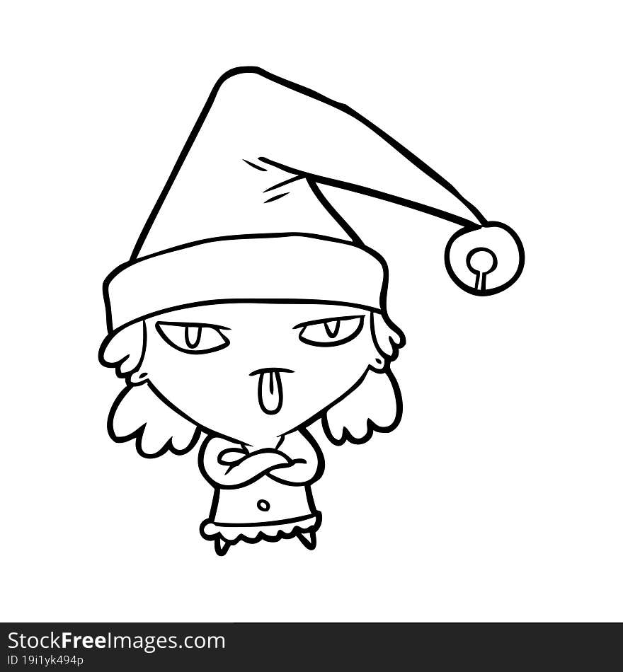 line drawing of a girl wearing christmas hat. line drawing of a girl wearing christmas hat