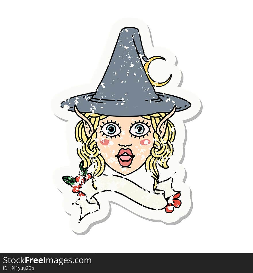 grunge sticker of a elf mage character face. grunge sticker of a elf mage character face