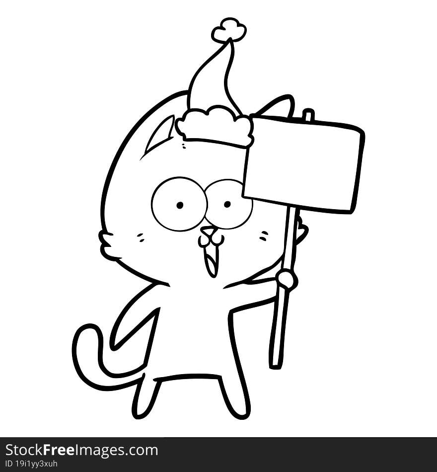 funny line drawing of a cat with sign wearing santa hat