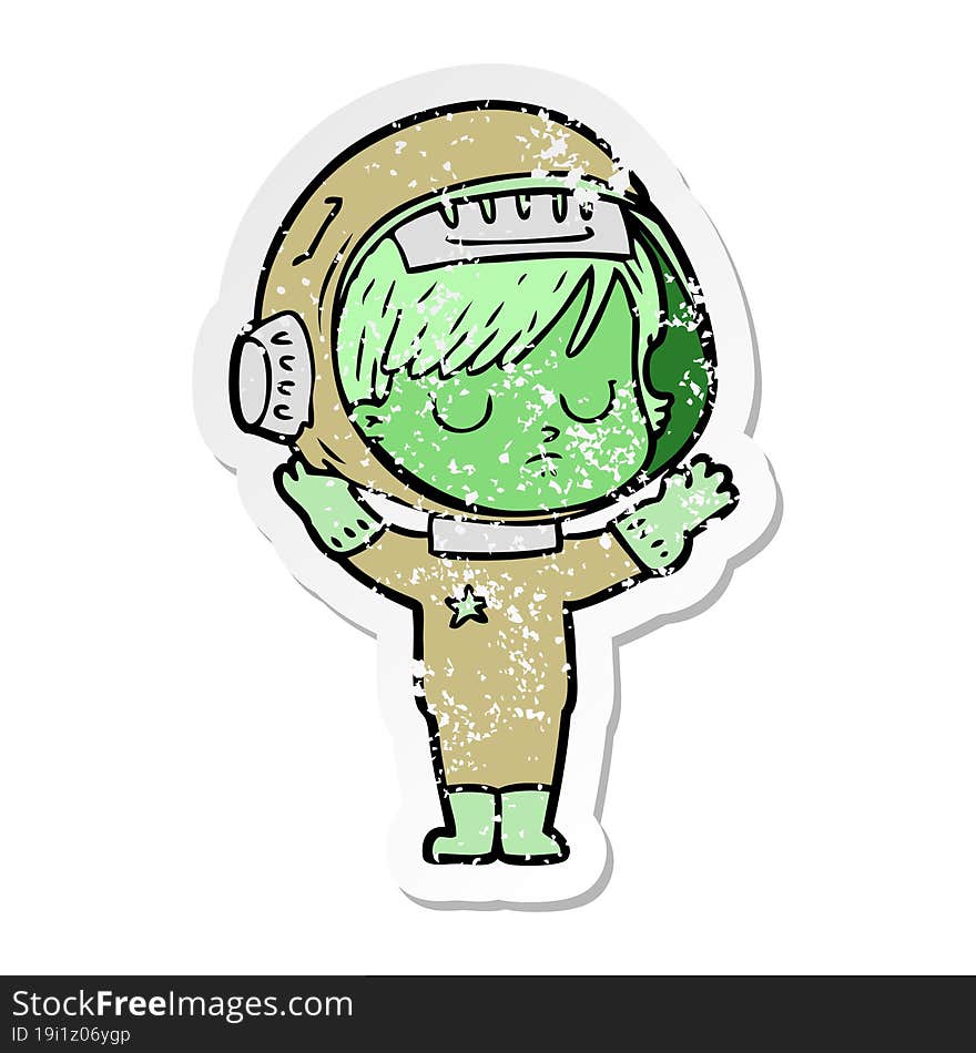 distressed sticker of a cartoon astronaut woman