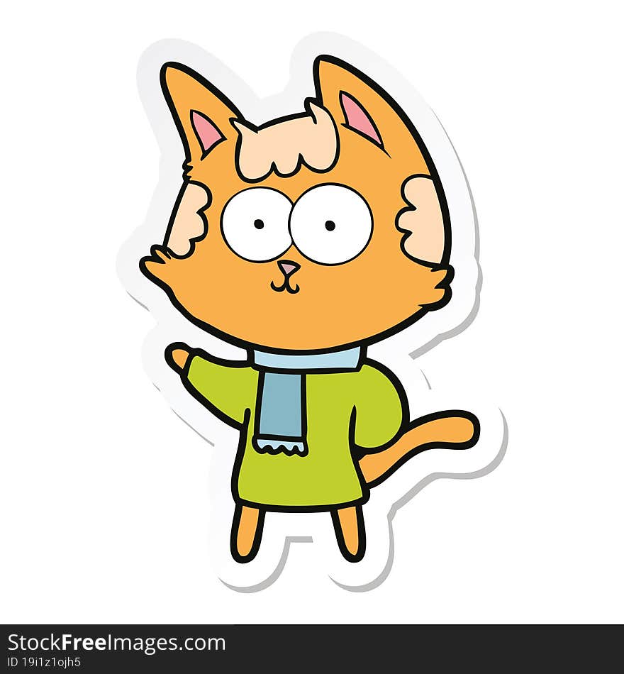 sticker of a happy cartoon cat in winter clothes