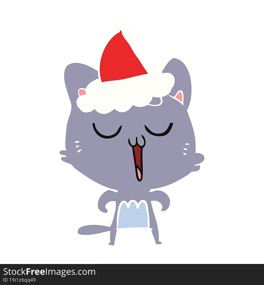 flat color illustration of a cat singing wearing santa hat