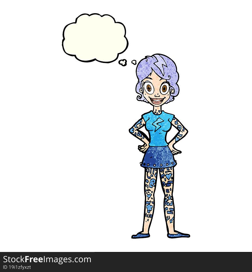 cartoon woman with heavy tattoos with thought bubble