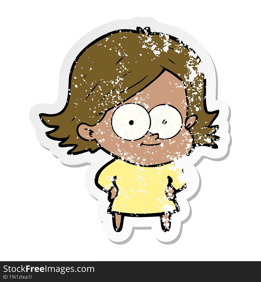 distressed sticker of a happy cartoon girl