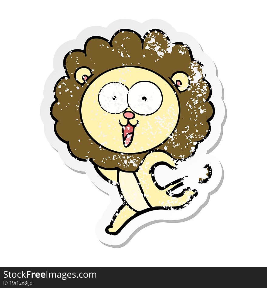 distressed sticker of a happy cartoon lion