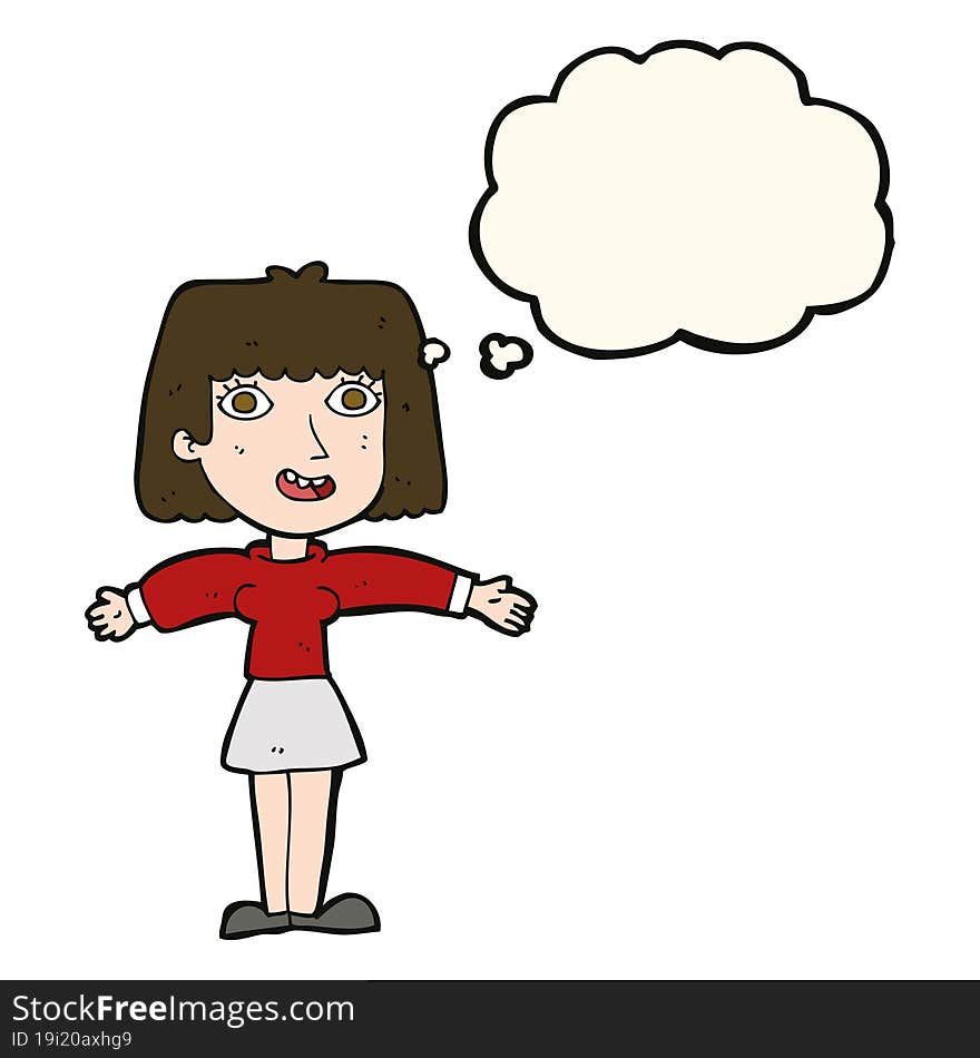 cartoon excited woman with thought bubble