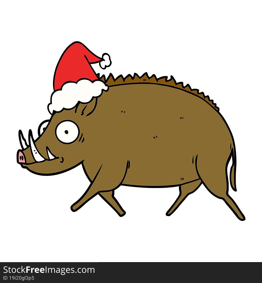 Line Drawing Of A Wild Boar Wearing Santa Hat