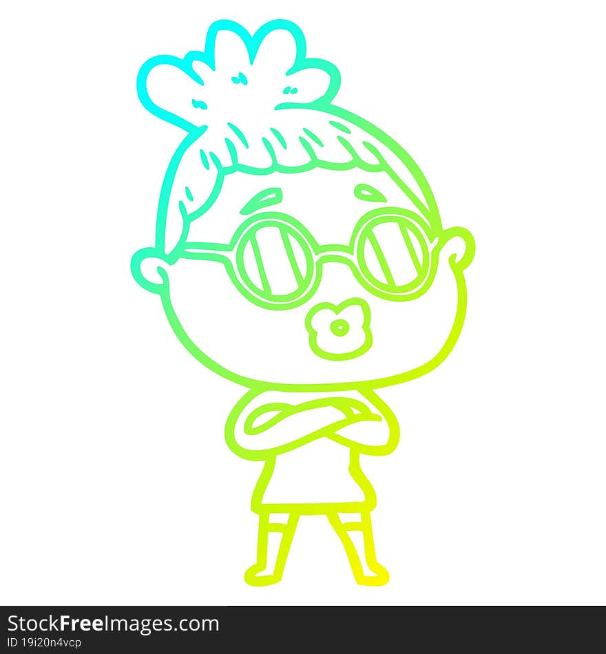 cold gradient line drawing of a cartoon woman wearing spectacles