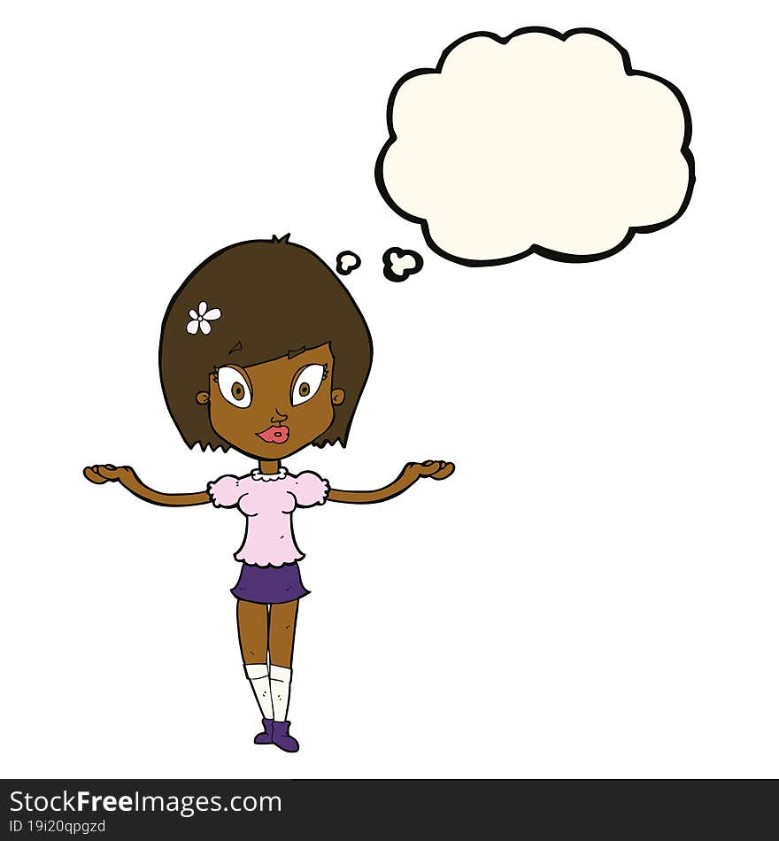 cartoon woman making balancing gesture with thought bubble