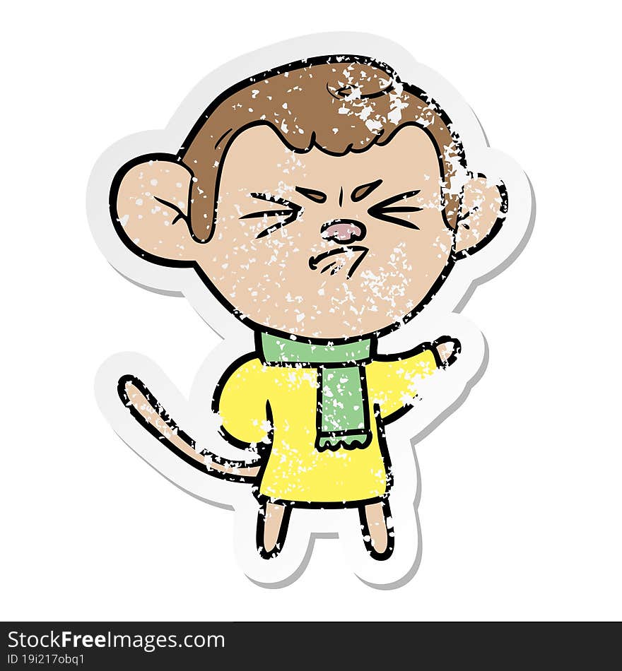 distressed sticker of a cartoon annoyed monkey