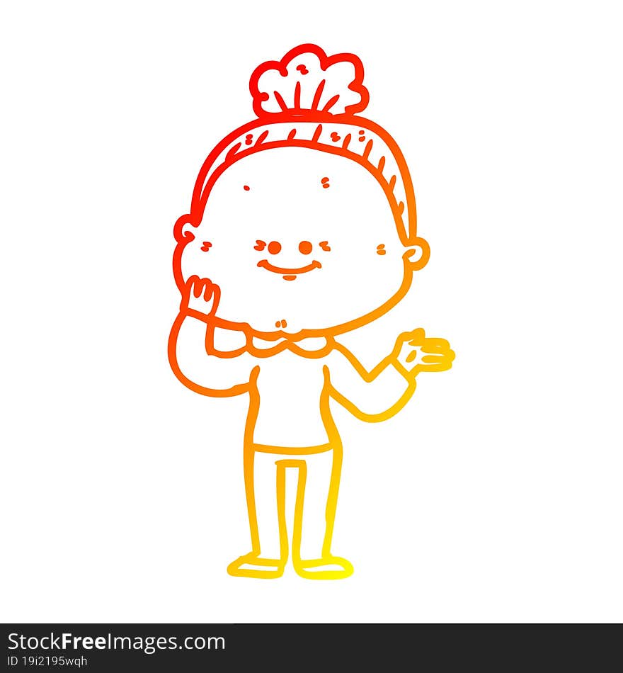 warm gradient line drawing of a cartoon happy old woman