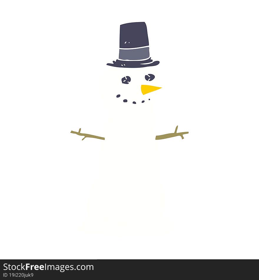 Flat Color Illustration Of A Cartoon Snowman In Top Hat