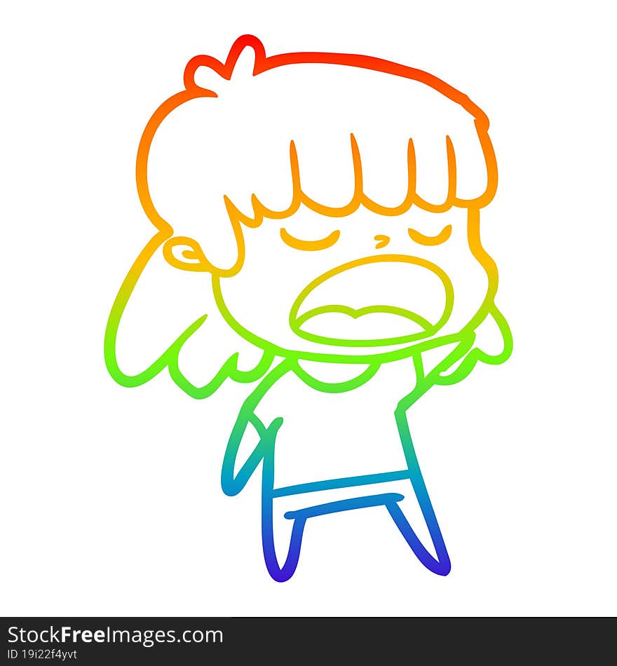 rainbow gradient line drawing of a cartoon woman talking loudly