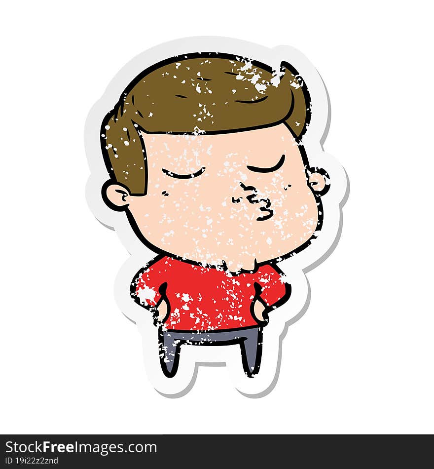 distressed sticker of a cartoon model guy pouting