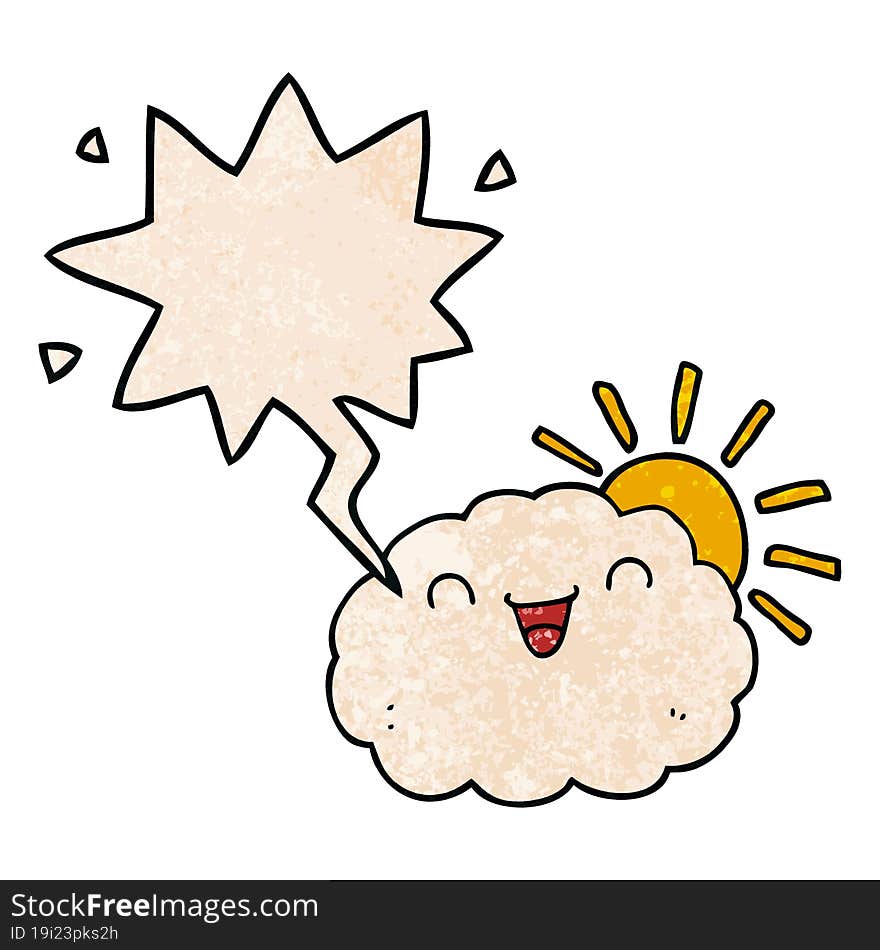 happy cartoon cloud with speech bubble in retro texture style