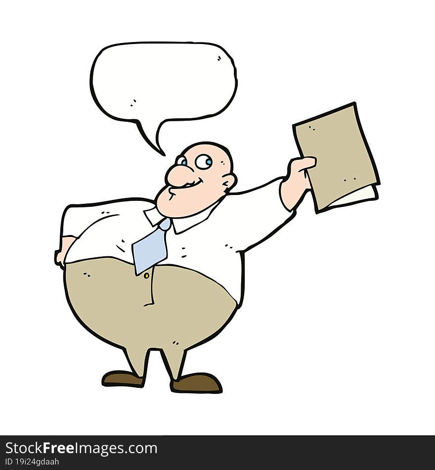 Cartoon Happy Boss With File With Speech Bubble