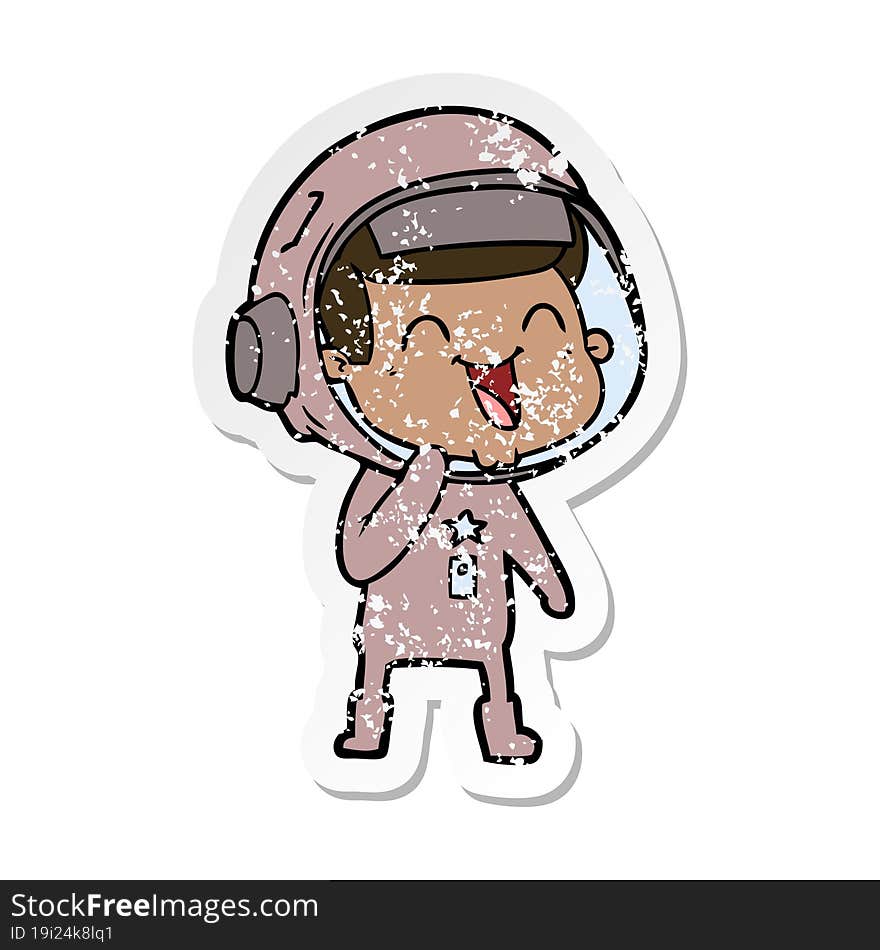 distressed sticker of a happy cartoon astronaut