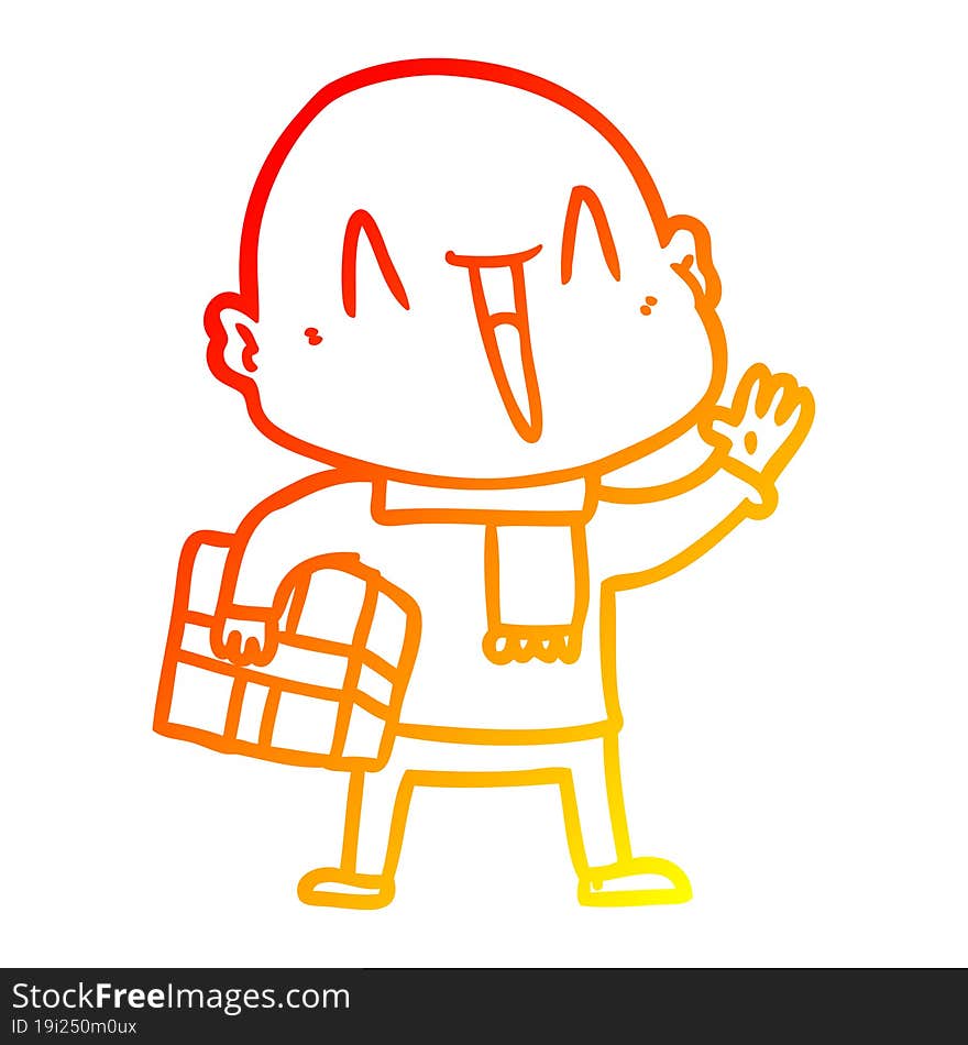 warm gradient line drawing of a happy cartoon bald man