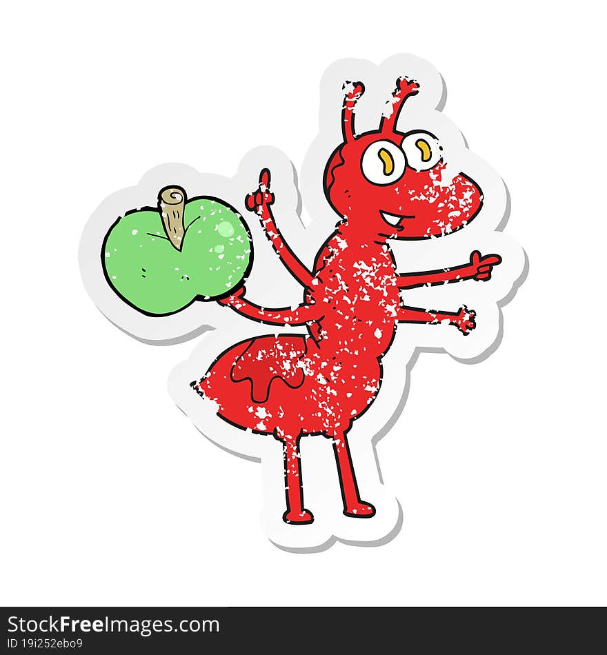 retro distressed sticker of a cartoon ant with apple