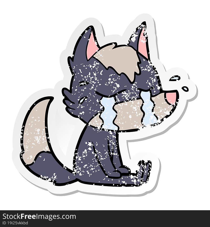 distressed sticker of a cartoon crying wolf