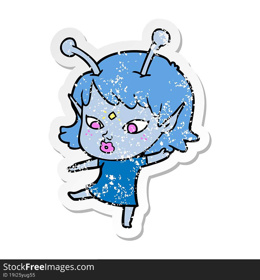 Distressed Sticker Of A Pretty Cartoon Alien Girl