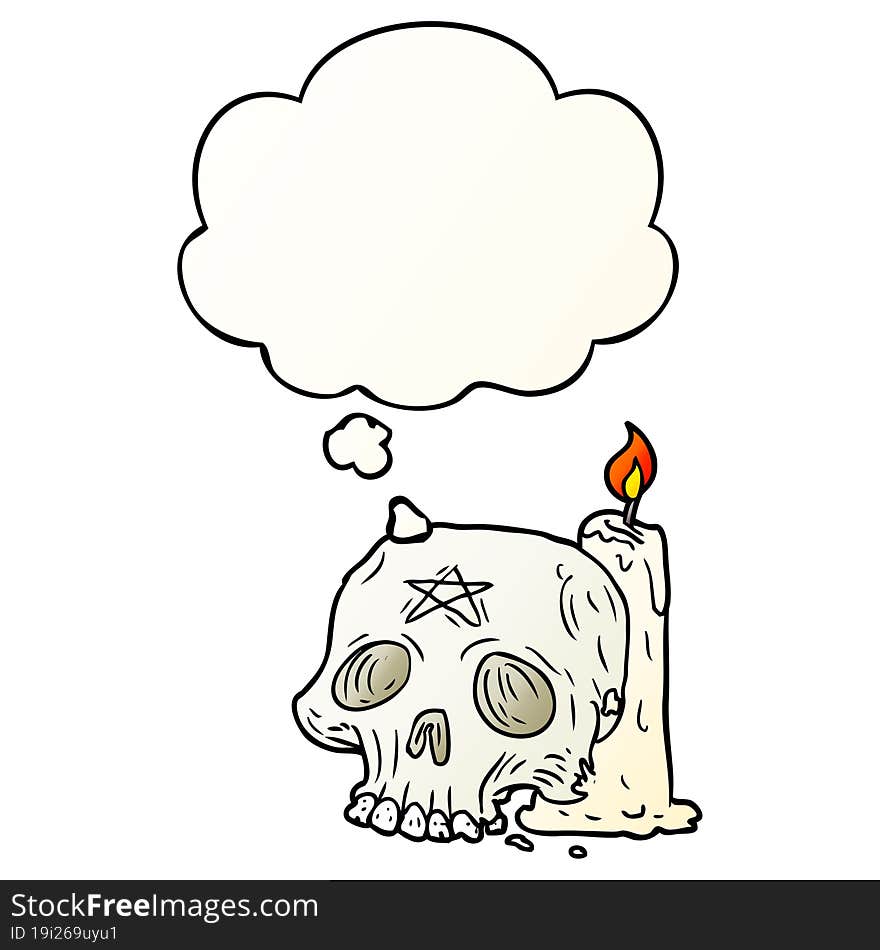 cartoon spooky skull and candle and thought bubble in smooth gradient style