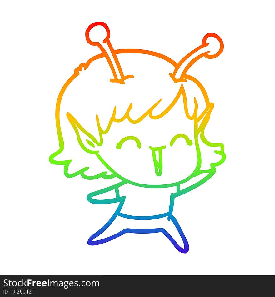 rainbow gradient line drawing of a cartoon alien girl laughing