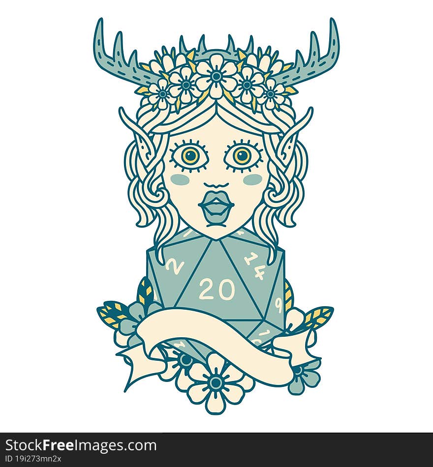 Elf Druid With Natural Twenty Dice Roll Illustration