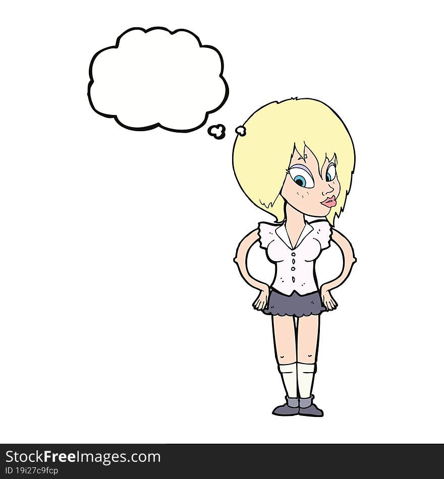 cartoon woman with hands on hips with thought bubble