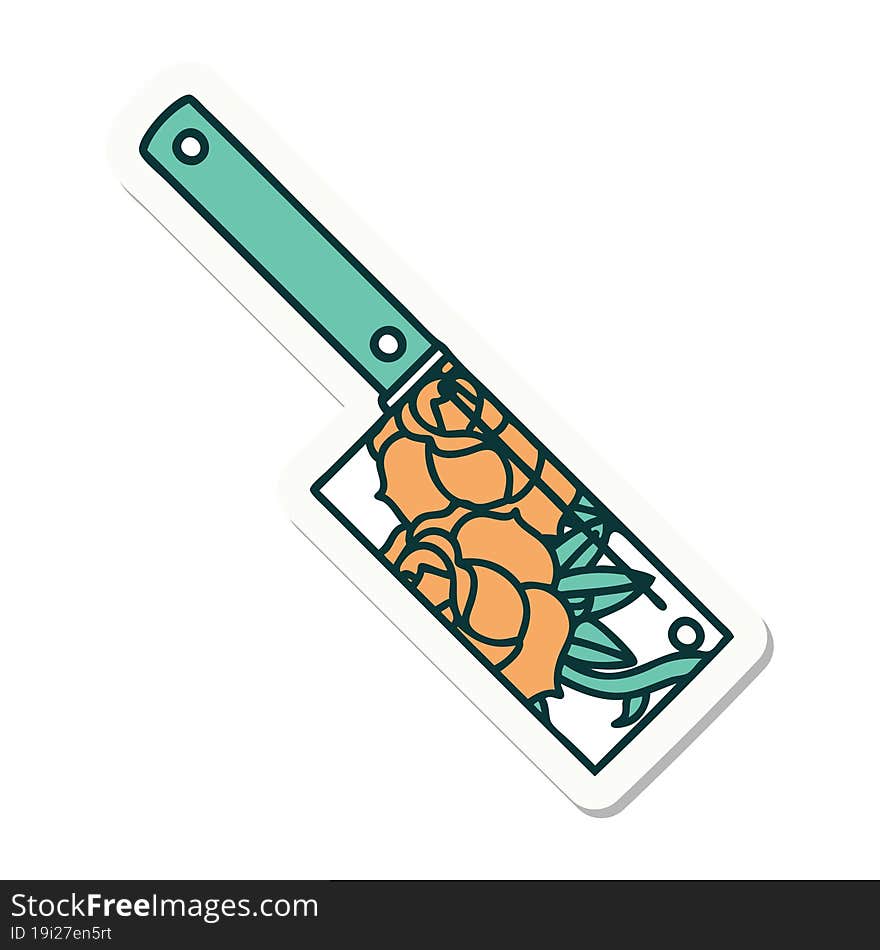 Tattoo Style Sticker Of A Cleaver And Flowers