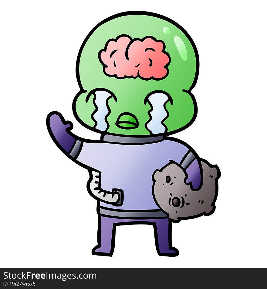 cartoon big brain alien crying and waving goodbye. cartoon big brain alien crying and waving goodbye