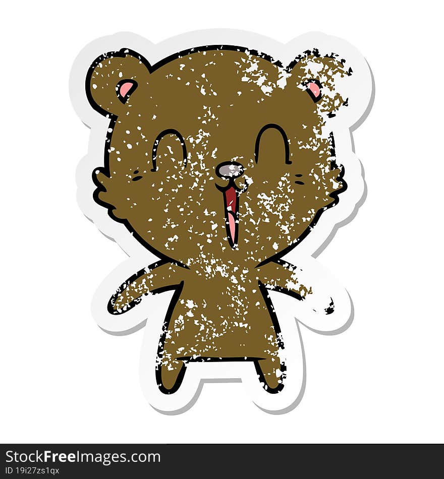 distressed sticker of a happy laughing cartoon bear