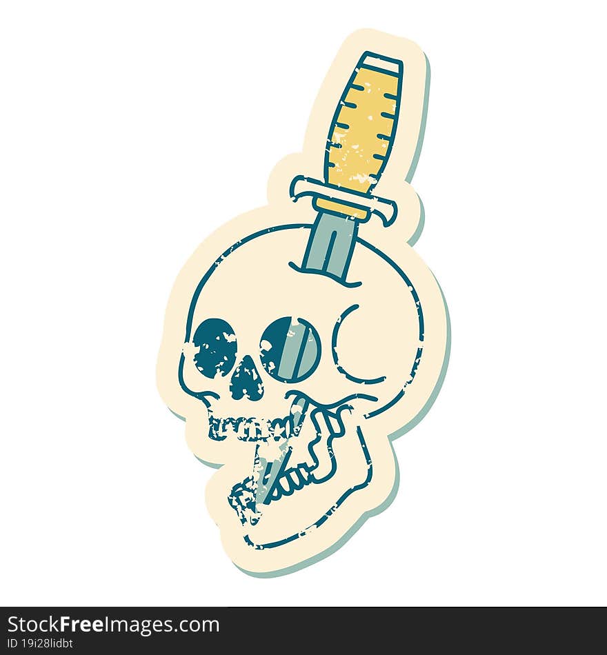 distressed sticker tattoo style icon of a skull and dagger