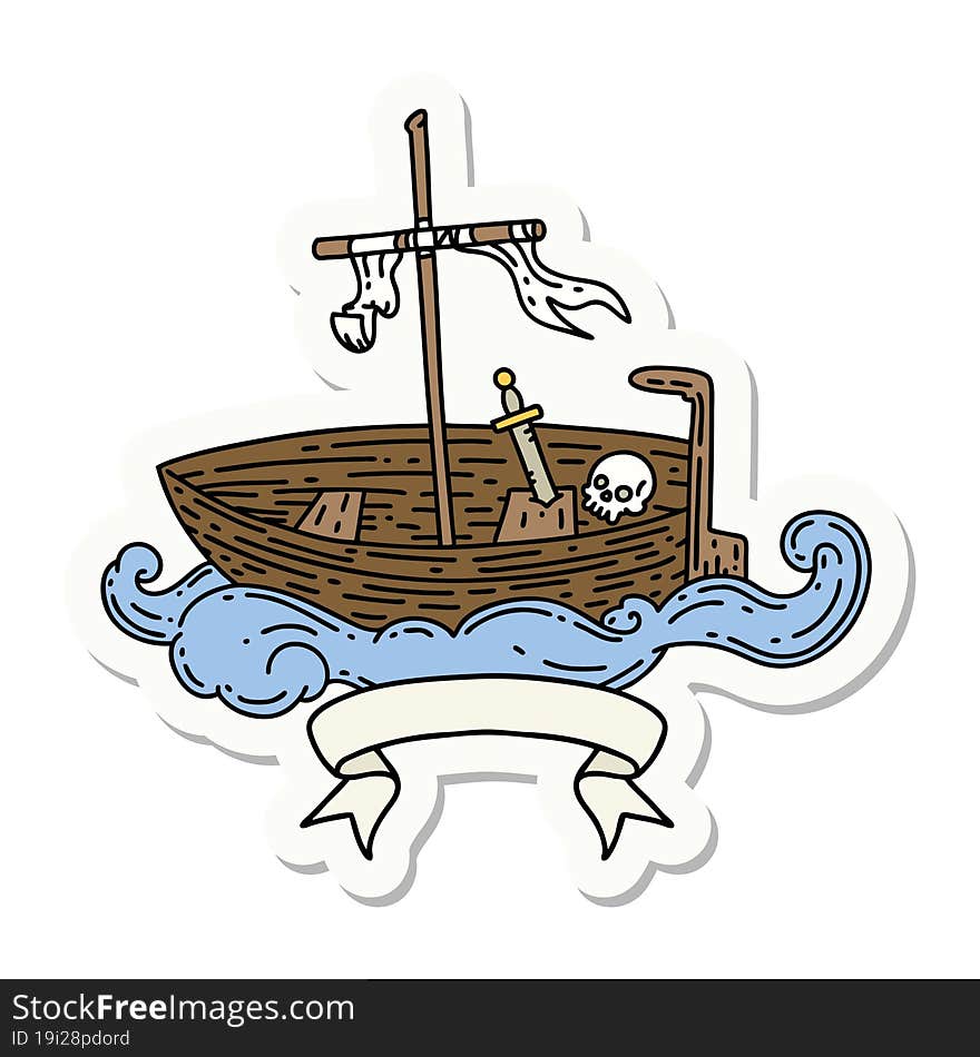 Sticker Of Tattoo Style Empty Boat With Skull