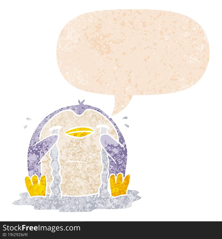 cartoon crying penguin and speech bubble in retro textured style