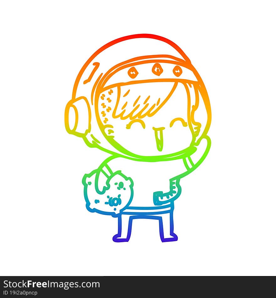 rainbow gradient line drawing cartoon happy spacegirl holding moon rock