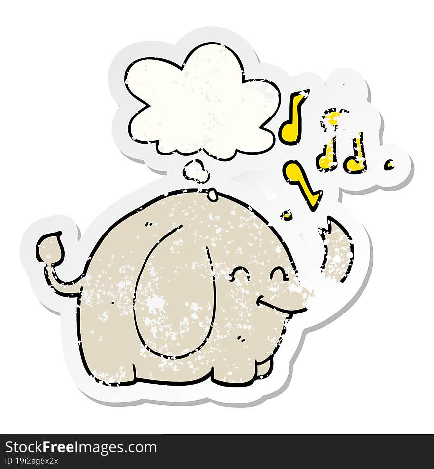 cartoon trumpeting elephant and thought bubble as a distressed worn sticker