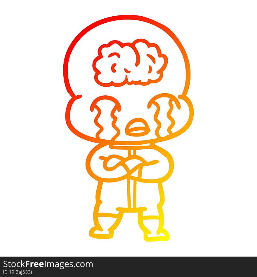 warm gradient line drawing cartoon big brain alien crying