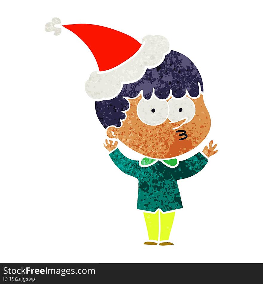 retro cartoon of a curious boy wearing santa hat