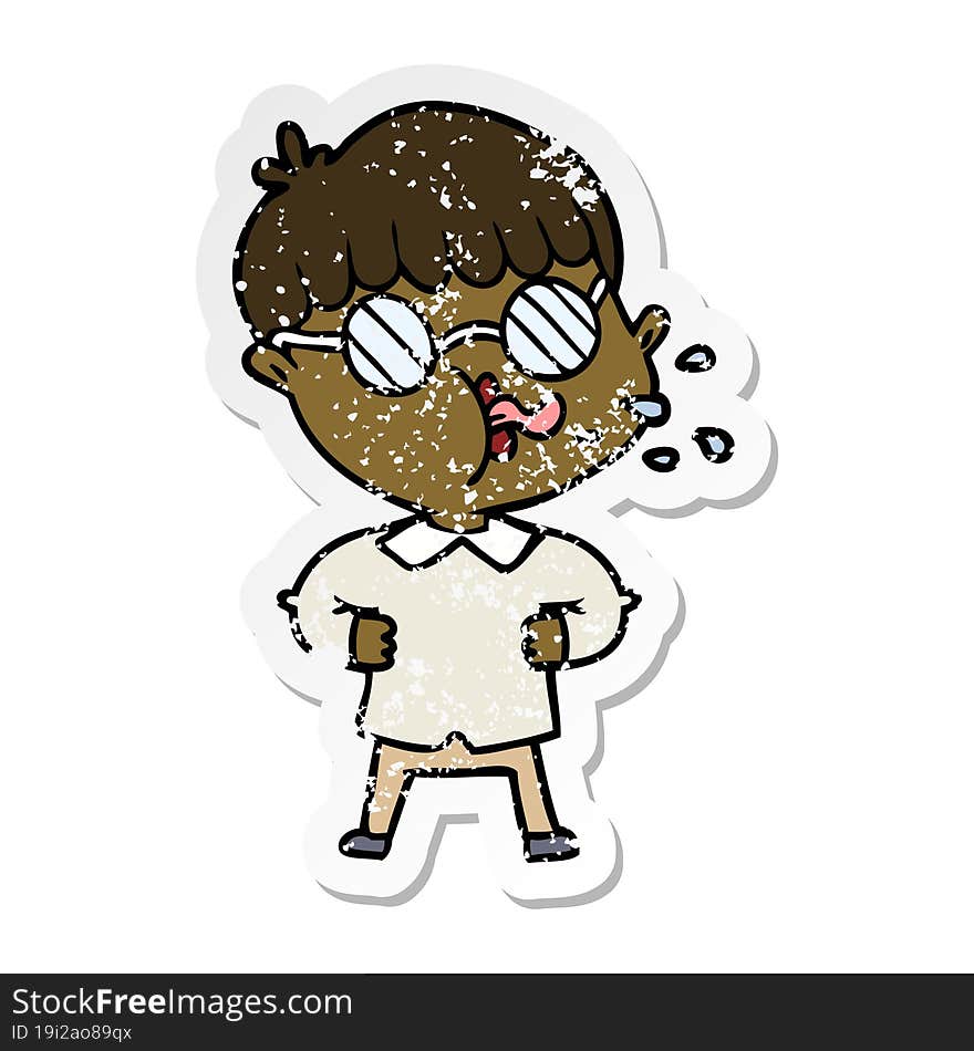 distressed sticker of a cartoon boy wearing spectacles