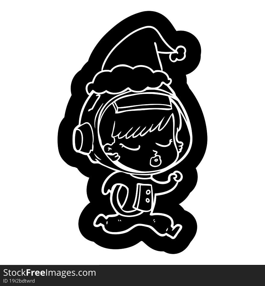 cartoon icon of a pretty astronaut girl running wearing santa hat