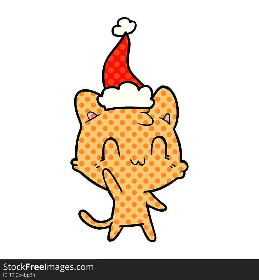 comic book style illustration of a happy cat wearing santa hat