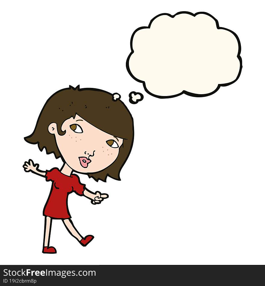 cartoon happy girl gesturing to follow with thought bubble